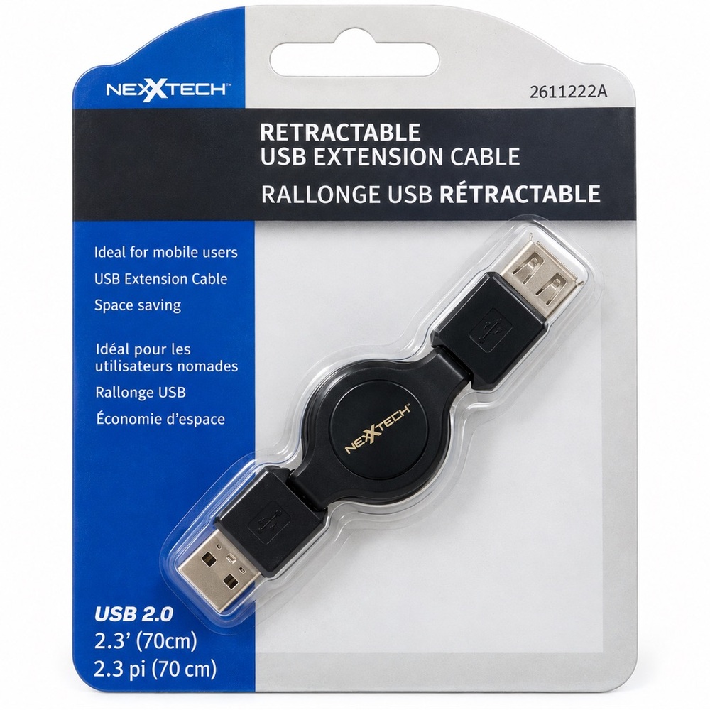 Nexxtech Retractable USB 2.0 Extension Cable 2.3ft 70cm Male Female New Sealed